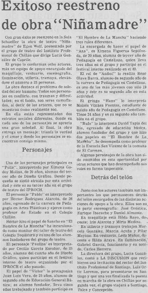 Exitoso reestreno de obra "Niñamadre".  [artículo]