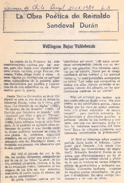 La obra poética de Reinaldo Sandoval Durán  [artículo] Wellington Rojas Valdebenito.