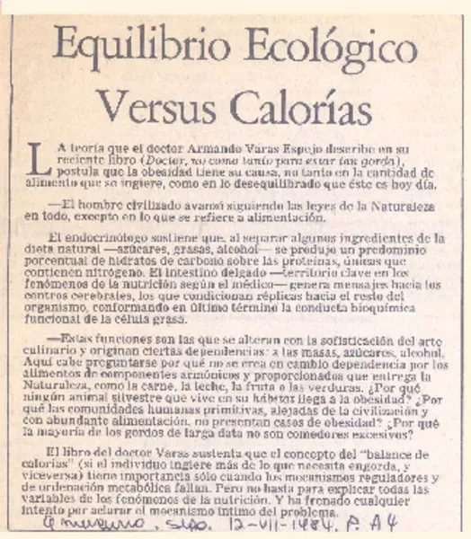 Equilibrio ecológico versus calorías.  [artículo]