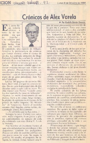 Crónicas de Alex Varela  [artículo] Rodolfo Garcés Guzmán.