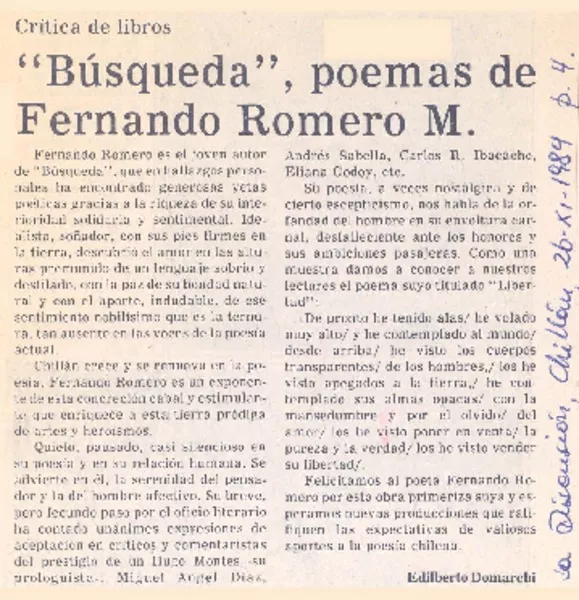 Búsqueda", poemas de Fernando Romero M.  [artículo] Edilberto Domarchi.