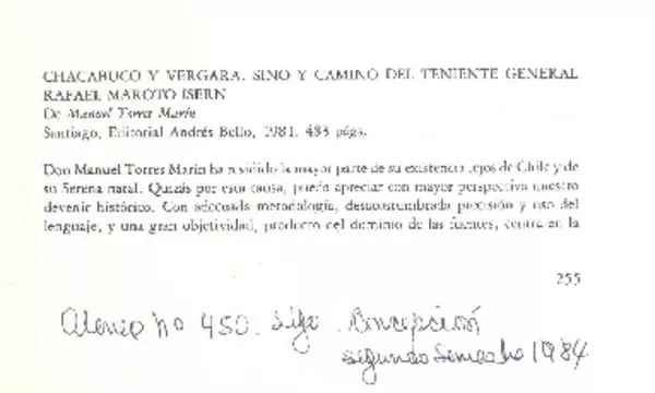 Chacabuco y Vergara. Sino y camino del teniente general Rafael Moroto Isern  [artículo] Isidro Vásque de Acuña.