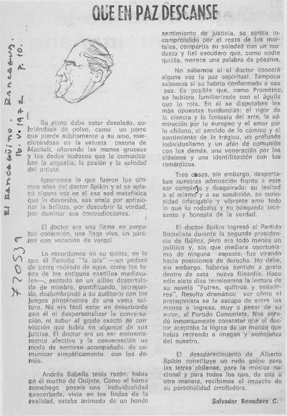 Que en paz descanse  [artículo] Salvador Benadava C.