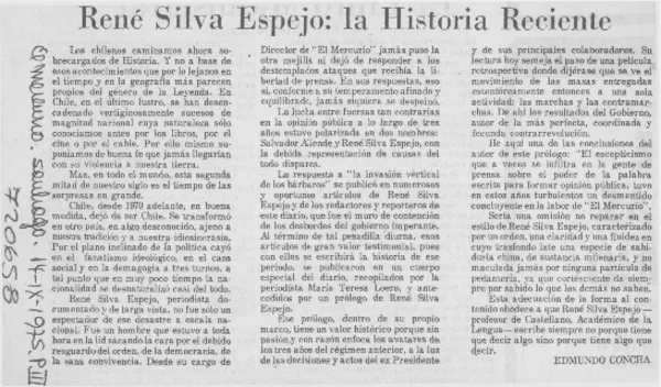 René Silva Espejo, la historia reciente  [artículo] Edmundo Concha.