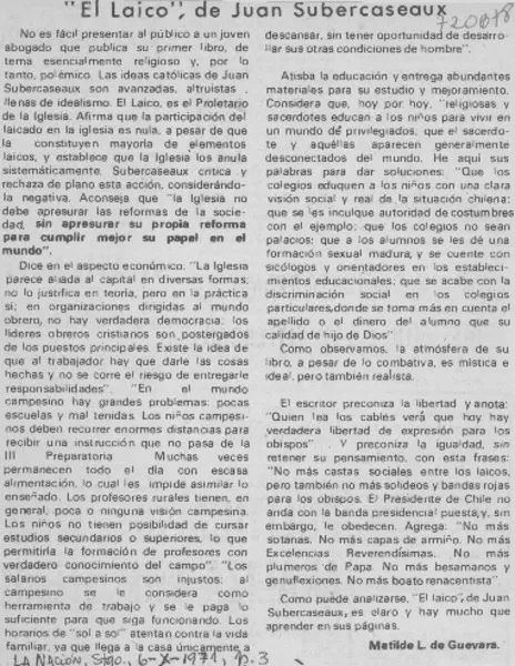 El laico", de Juan Subercaseaux  [artículo] Matilde Ladrón de Guevara.