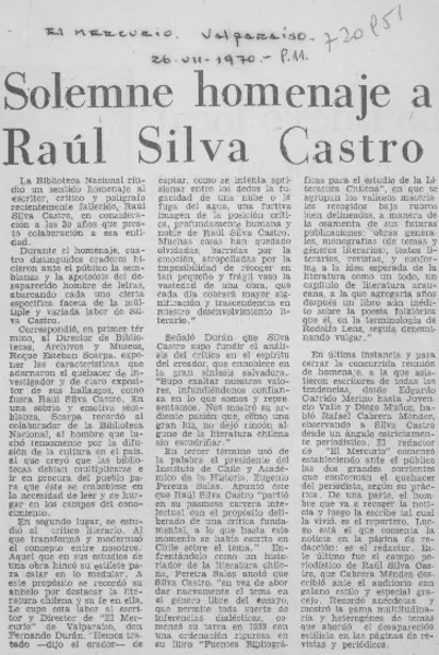 Solemne homenaje a Raúl Silva Castro.  [artículo]