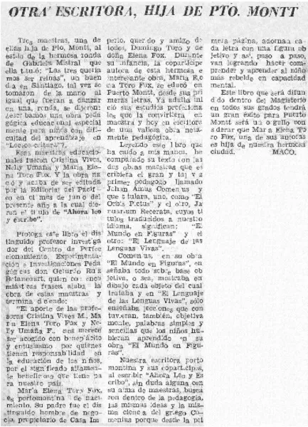 Otra escritora, hija de Pto Montt  [artículo] Maco.