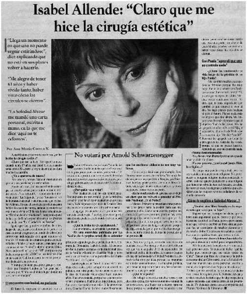 Isabel Allende: "Claro que me hice la cirugía estética"  [artículo] : Ana María Guerra Y.