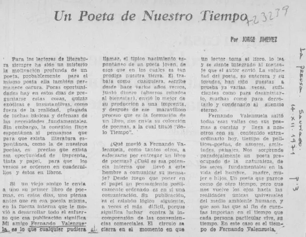 Un poeta de nuestro tiempo  [artículo] Jorge Jiménez.