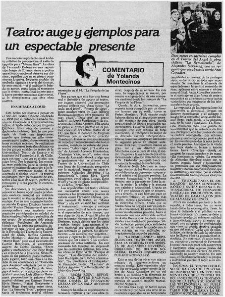 Teatro: auge y ejemplos para un espectable presente  [artículo] Yolanda Montecinos.