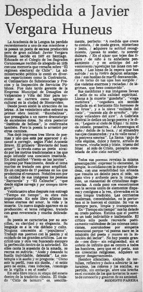 Despedida a Javier Vergara Huneeus  [artículo] Modesto Parera.