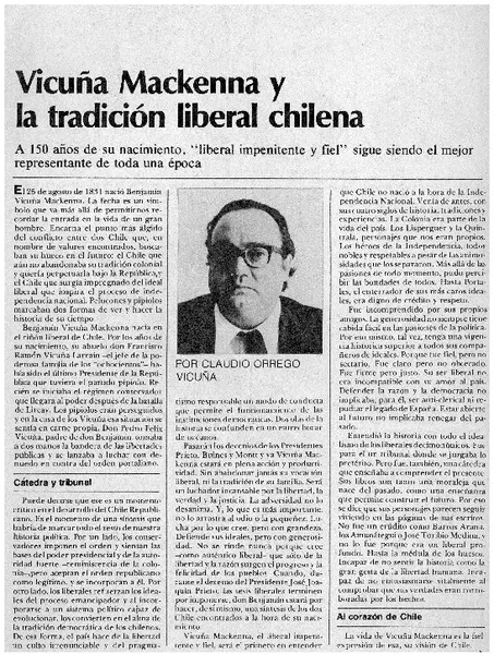 Vicuña Mackenna y la tradición liberal chilena  [artículo] Claudio Orrego Vicuña.
