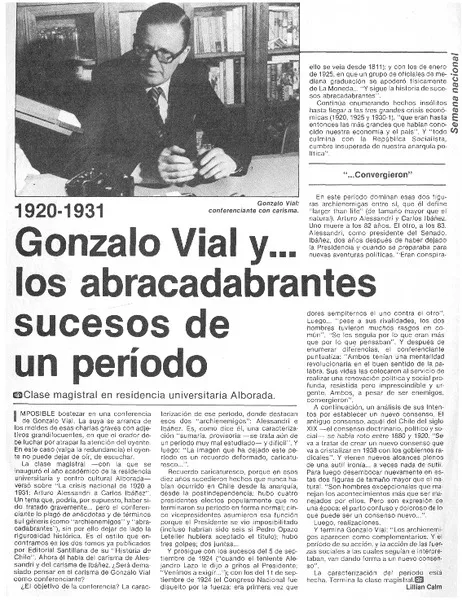 Gonzalo Vial y... los abracadabrantes sucesos de un periódo  [artículo] Lilian Calm.