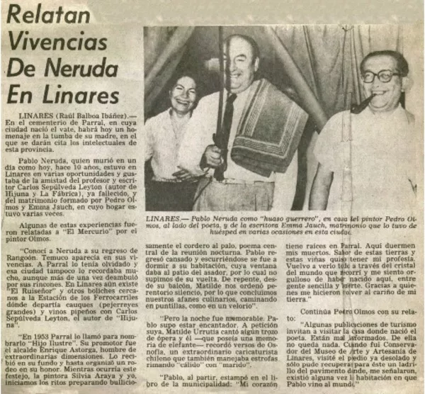 Relatan vivencias de Neruda en Linares  [artículo] Raúl Balboa Ibáñez.