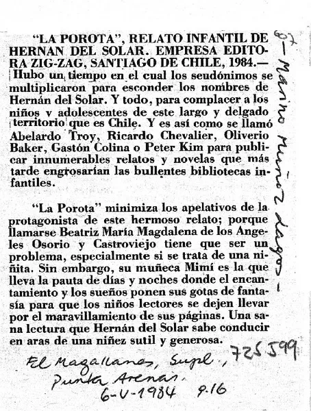 "La Porota", relato infantil  [artículo] Marino Muñoz Lagos.