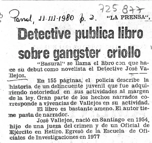 Detective publica libro sobre gangster criollo.  [artículo]