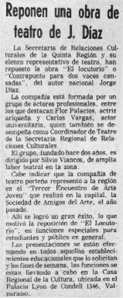 Reponen un aobra de teatro de J. Díaz.  [artículo]