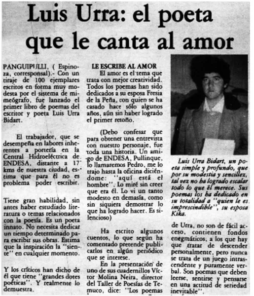 Luis Urra: el poeta que le canta al amor  [artículo] Espinoza.
