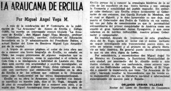 La araucana de Ercilla  [artículo] Orlando Urbina Villegas.
