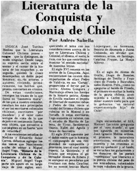 Literatura de la conquista y colonia de Chile  [artículo]
