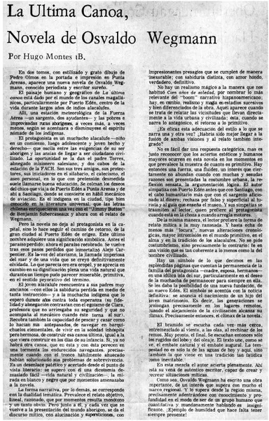 La última canoa, novela de Osvaldo Wegmann  [artículo] Hugo Montes B.