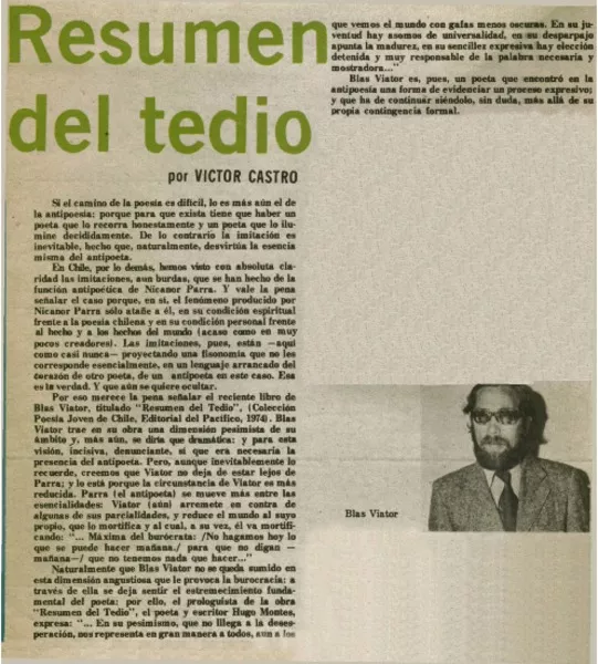 Resumen del Tedio  [artículo] Víctor Castro.