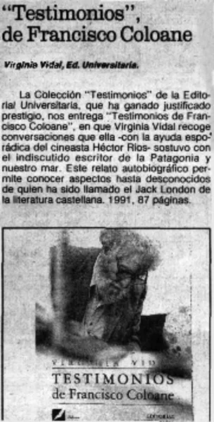 "Testimonios", de Francisco Coloane.  [artículo]