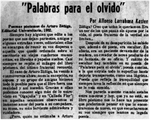 "Palabras para el olvido"  [artículo] Alfonso Larrahona Kästen.