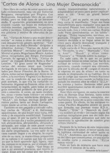 Cartas de Alone a una mujer desconocida"  [artículo] Fernando de la Lastra.