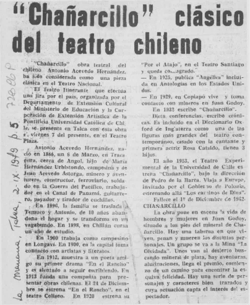 Chañarcillo" clásico del teatro chileno.  [artículo]