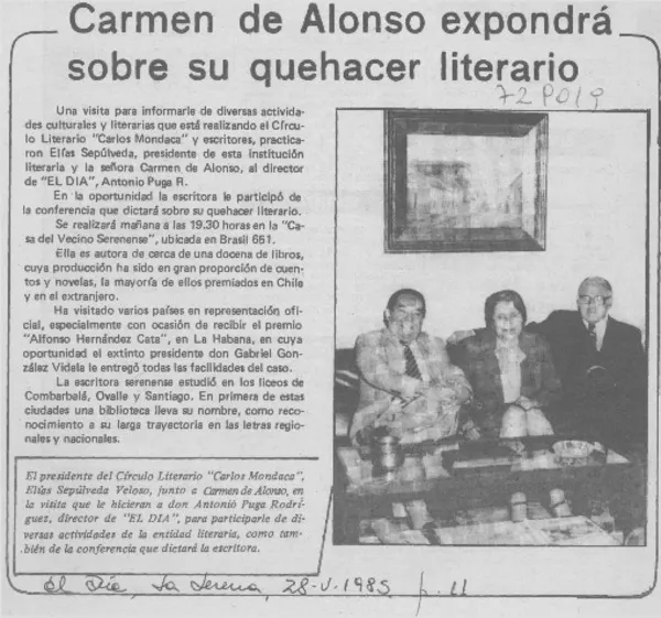 Carmen de Alonso expondrá sobre su quehacer literario.  [artículo]