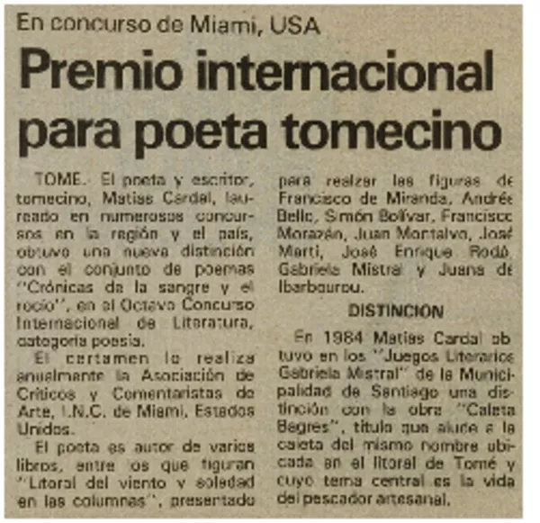 Premio internacional para poeta tomecino.  [artículo]