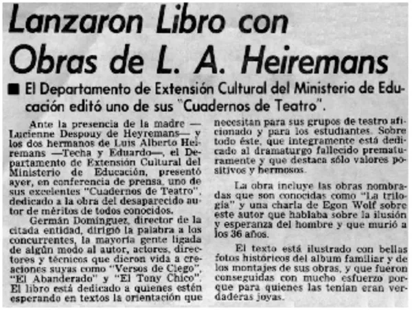 Lanzaron libro con obras de L. A. Heiremans.  [artículo]