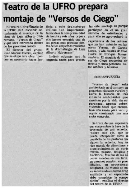 Teatro de la UFRO preprara montaje de "Versos de Ciego".  [artículo]