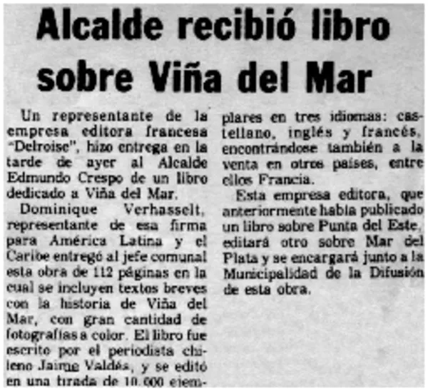 Alcalde recibió libro sobre Viña del Mar.  [artículo]
