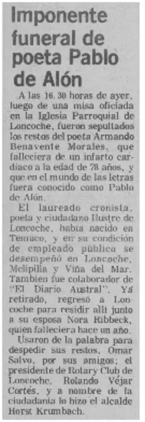 Imponente fuenral de poeta Pablo de Alón.  [artículo]