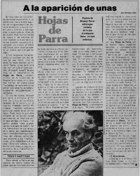 A la aparición de unas Hojas de parra  [artículo] Enrique Lihn.