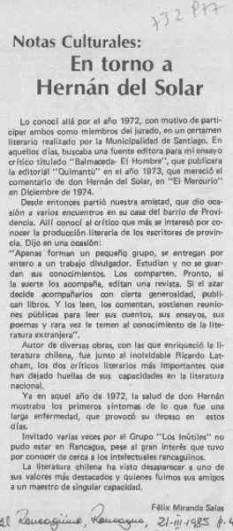 En torno a Hernán del Solar  [artículo] Féliz Miranda Salas.