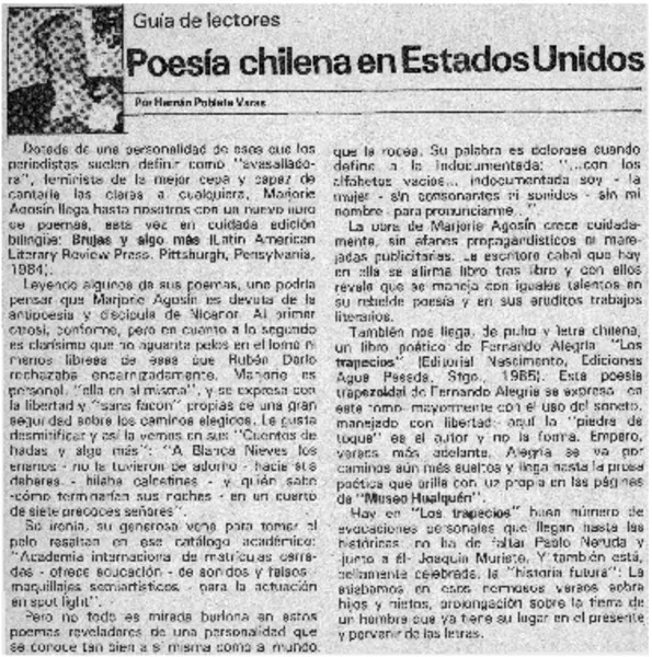 Poesía chilena en Estados Unidos  [artículo] Hernán Poblete Varas.