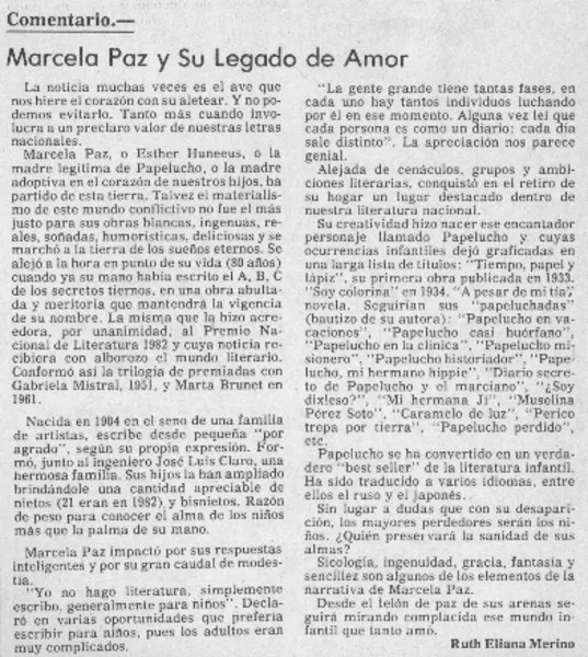 Marcela Paz y su legado de amor  [artículo] Ruth Eliana Merino.