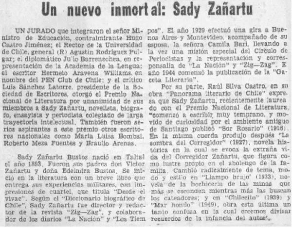Un nuevo inmortal: Sady Zañartu.  [artículo]