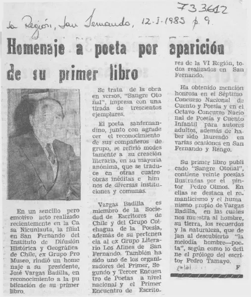 Homenaje a poeta por aparición de su primer libro  [artículo] F.