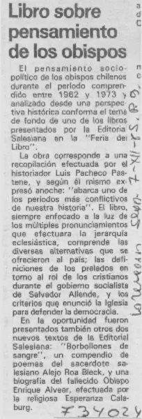 Libro sobre pensamientos de los obispos.  [artículo]
