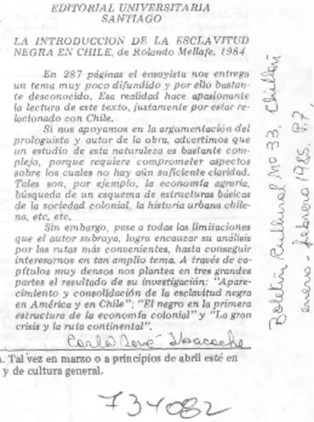La introducción de la esclavitud negra en Chile  [artículo] Carlos René Ibacache.