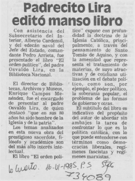 Padrecito Lira editó manso libro.  [artículo]