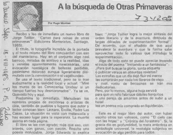 A la búsqueda de otras primaveras  [artículo] Hugo Montes.
