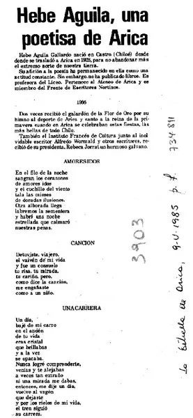 Hebe Aguila, una poetisa de Arica.  [artículo]