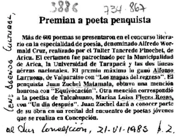 Premian a poeta penquista.  [artículo]