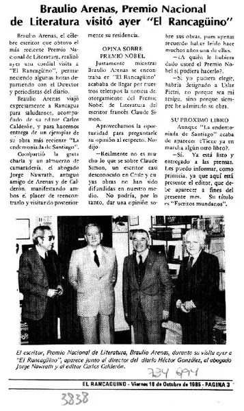 Braulio Arenas, Premio Nacional de Literatura visitó ayer "El Rancagüino".  [artículo]