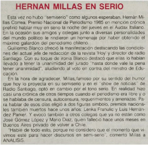 Hernán Millas en serio.  [artículo]